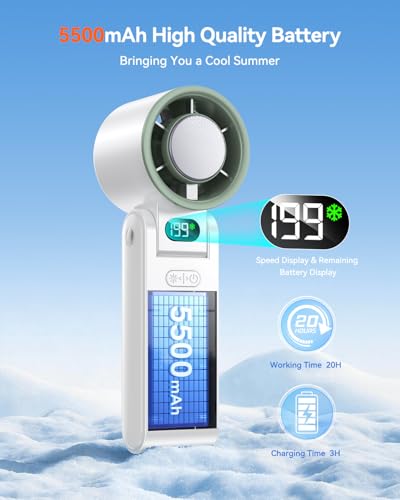 Image of Portable Handheld Fan with Ice Cooler, 199 Speed Personal Fan,5500mAh Rechargeable,20H Cooling Time,20000 RPM Powerful Motor, Summer Essential for Travel /Outdoor /Office, White
