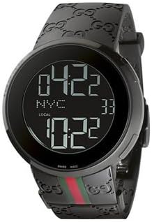 Gucci 114 Series Digital Watch, front view showing digital display and black rubber strap.