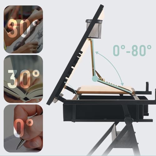 Drafting Desk with Stool Artist Drawing Table, 0°-80° Tilted Tabletop, 26.8