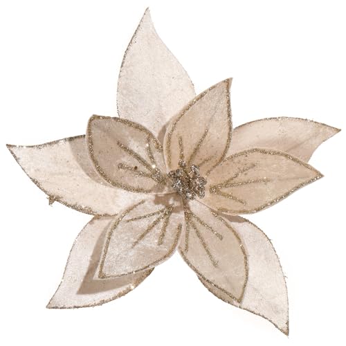 GL-Turelifes Flores de Navidad grandes con purpurina de 10.2 pulgadas, 6 piezas de flores artificiales de Pascua de terciopelo para árbol de Navidad, adornos florales plegables para decoraciones de