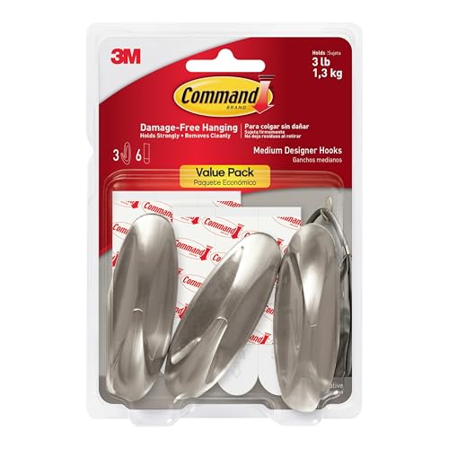Command Medium Designer Hooks Brushed Nickel 3-Hooks 6-Strips Decorate Damage-Free