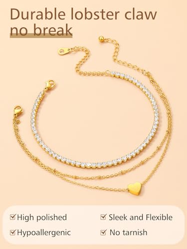 Image of FindChic Black /Silver /Gold Plated Anklets Set of 2PCS /3PCS Herringbone Chain Cuban Link Heart Charm Sparkling Tennis Ankle Bracelets, Waterproof Summer Foot Jewelry for Beach
