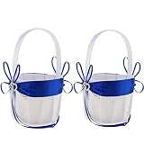 2PCS Wedding Flower Girl Baskets,White Satin Flower Storage Basket with Double Heart Rhinestone Craf