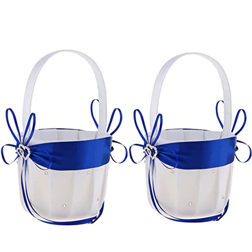 2Pcs Wedding Flower Girl Baskets,White Satin Flower Storage Basket With Double Heart Rhinestone Craft For Engagement Ceremony Party Decor (Royal Blue) #TOP6