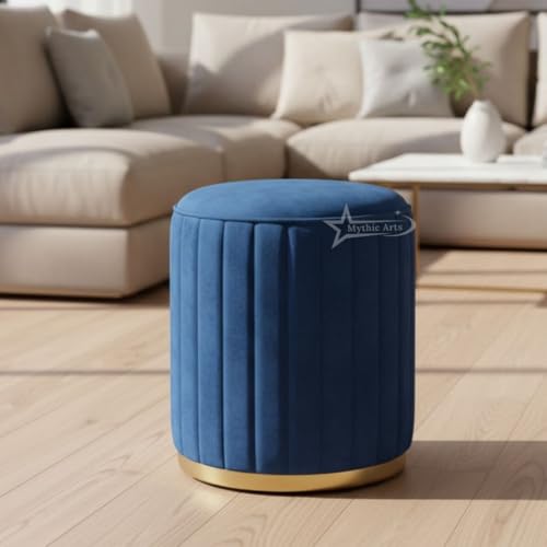 Image of Upholstered Round Linen Strip Stool Living Room Foot Rest Office Stool Pouf Ottoman Padded Seat - Blue