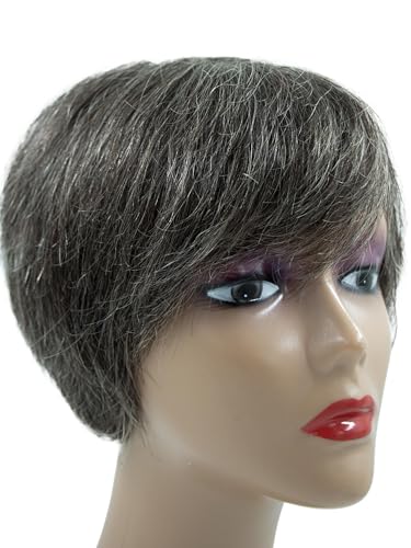 LSXCSM Salt and Pepper Human Hair Wig Short Pixie Cut