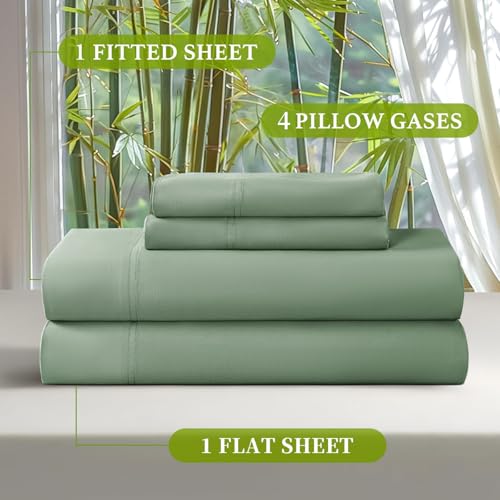 Shilucheng 100% Viscose Derived from Bamboo_ Sheets Queen Size 6pcs - Ultra Cooling & Silky Soft Bed Sheets, 16" Deep Pocket, Perfect for Hot Sleepers, Hotel Bedding Sheets (Sea Glass)