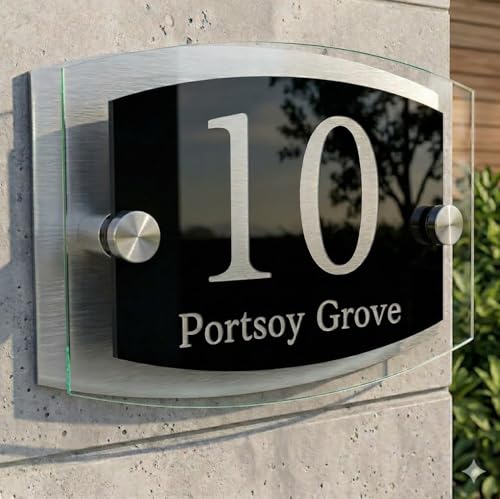 House Numbers Plaques Modern Black Door Plaques For Wall Address House Number Plates for Outside Personalised Front Door Number Perspex Acrylic Door Sign (Black Background & Clear Text)