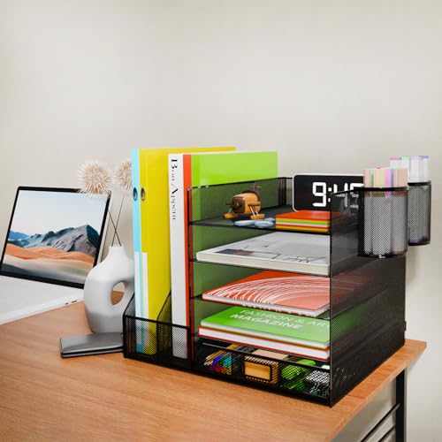 Desk Organizer with File Holder, 5-Tier Letter Paper Tray Organizer with Drawer & 2 Pen Holders, Desk Organizers and Accessories, Mesh Desktop File Organizer and Storage for Office image 3