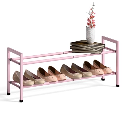 Image of Bumusty 2-Tier Expandable Shoe Rack for Closet, 18 inch-33 inch Adjustable Shoe Rack for Small Space, Small Shoe Organizer for Front Door, Sturdy Metal, Pink