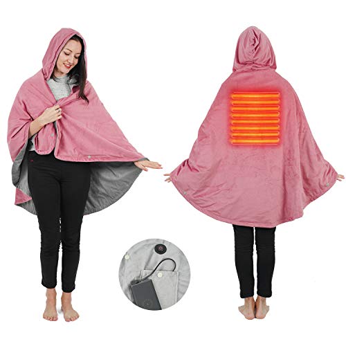 Wearable Electric Blanket, Portable Poncho Wrap, Cordless Rechargeable Heated Shawl Blanket, Super Soft & Warm Fleece, Home Office & Travel Use, Machine Washable (Regular Hooded Blanket, Pink)