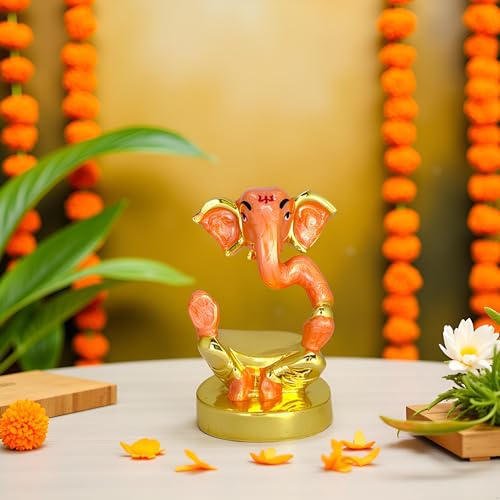 Image of Pearl Orange Divine Ganesha | Travel-Friendly Gold Plated Ganpati Idol for Car Dashboard, Office Desk & Home Temple| Divine Blessings & Prosperity | Height 1.9 Inch