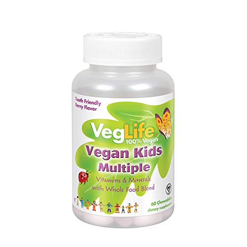VegLife Vegan Kids Multiple | Natural Berry Flavor Chewable Multivitamin and Mineral | Whole Food Blend w/ Spirulina | No Added Sugar | 60 Chewables
