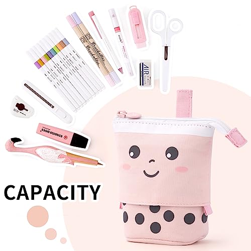 Angoobaby Standing Pencil Case Cute Telescopic Pen Holder Kawaii Stationery Pouch Makeup Cosmetics Bag For School Students Office Women Teens Girls Boys (Pink) #TOP3