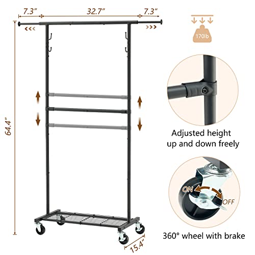 Gewudraw Clothing Garment Rack, Extendable Rolling Clothes Rack With Wheels, Bottom Shelves And Hooks, Double Hanging Rod Garment Portable Closet Organizer Rack, 64.4 Inches #TOP5
