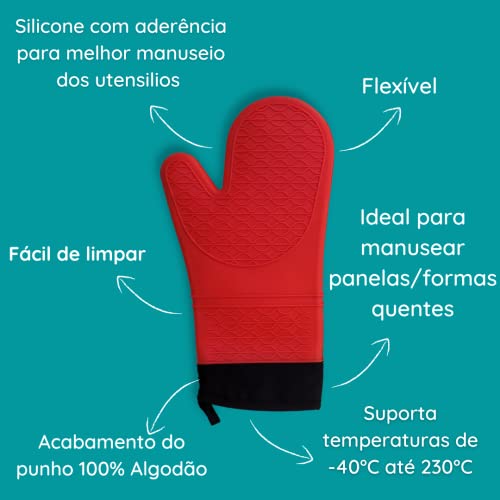Luva Térmica De Silicone Manga Longa com Forro Vermelha Para Cozinha Forno Fogão