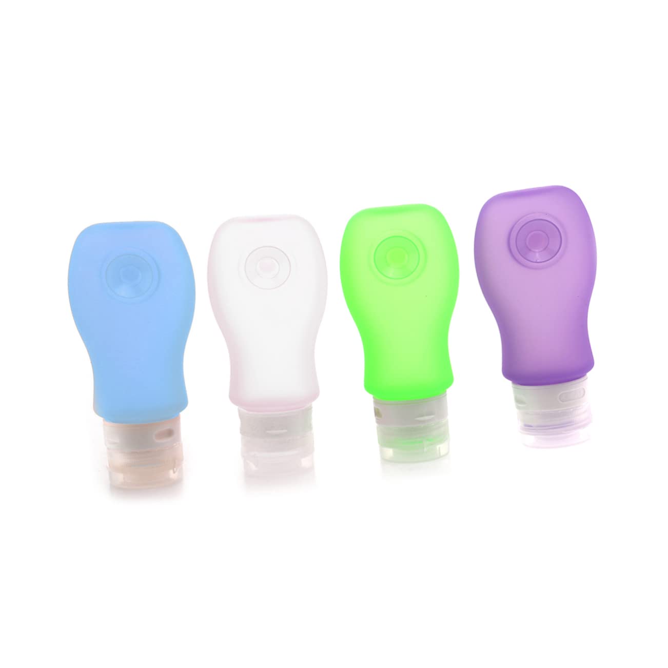FRCOLOR Set 4 Bottiglie da Viaggio Ricaricabili in Silicone Alimentare da 89ml Etichette Rotabili e Ventosa, per Aereo e Uso Personale