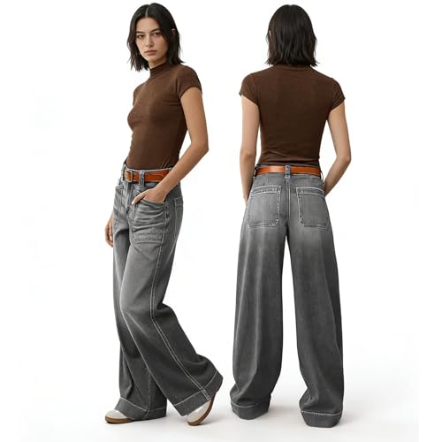 Jean grandes tailles à taille haute résolvant l'inconfort du denim avec sa coupe large