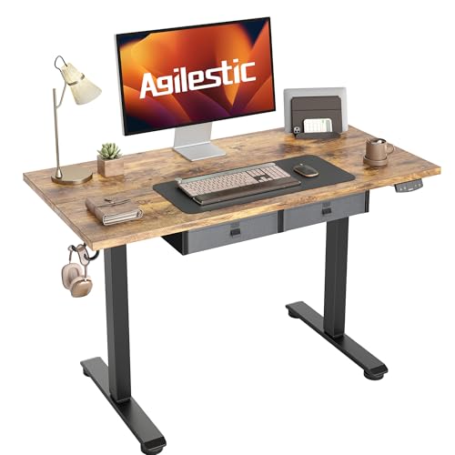 Image of Agilestic Electric Standing Desk with Drawers, 48 x 24 Inches Height Adjustable Desk, Stand up Computer Table with Memory Preset, for Work Office Home, Rustic Brown