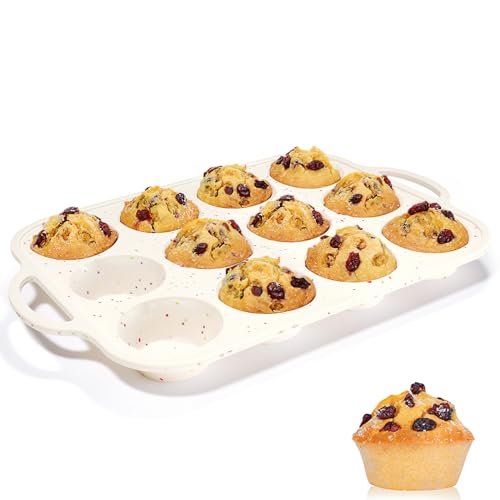 Silicone Muffin Pan, Metal Reinforced Frame Regular Size 2.8 Inch Cupcake Pan with Handle 12 Cups Nonstick Muffin Tray for Baking BPA Free 1 Pack Confetti