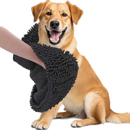 Image of OLANLY Chenille Dog Bath Towel 31x13, Ultra Absorbent Quick Dry Pet Towel, Extra Soft Washable Plush Towel for Large Dogs & Puppies, Indoor Outdoor Use, Dark Grey