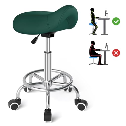 Image of YEEZEE Saddle Stool Ergonomic- Comfortable Rolling Saddle Stool with Wide Thick Saddle Seat Padding, Swivel Adjustable Saddle Chair with Wheels and Ring Pedal for Medical Massage Salon (Green)
