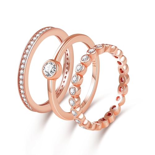 ANGELLIS 14K Gold Plated 925 Sterling Silver Stackable Rings Set Women Wedding Bands Eternity Rings Statement Rings Pave Cubic Zirconia