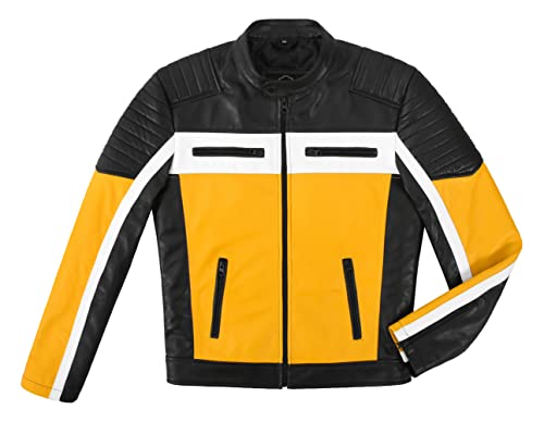 Cafe Racer Mens Biker Leather Jacket Black Yellow Retro Style Motocross Jacket 42882