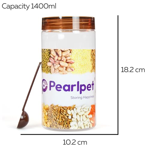 Image of PEARLPET Plastic Containers for Kitchen Storage | Plastic Container Set with Spoon | BPA-Free, Stackable Jars | Brown, 1400 ML (Set of 2)