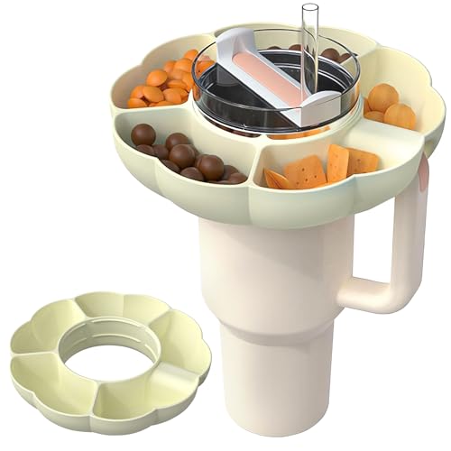 Ceboic Tazón de Refrigerio para Stanley Cup de 40 oz con Asa, Bandeja de Snack de Silicona Reutilizable, Bandeja Deanillo de Refrigerio de 5 Compartimentos, Adecuado para Hogar Exterior (Beige)