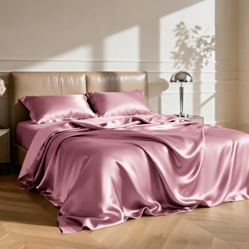 Image of Love's cabin Full Size Satin Sheet Sets - 4 Piece Rose Taupe Silky Sheet Set Full with Deep Pocket, Luxury Silk Feel Bed Sheets Full Bedding Set (1 Flat Sheet,1 Fitted Sheet,2 Pillow Cases)