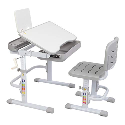 Alivinghome Kids Desks with Tilt Desktop,Children Desk and Chair Set Height Adjustable,Childs School Student Sturdy Table with Pull Out Drawer Storage,Pencil Case,Bookstand (Grey，31.5 x 20.3)