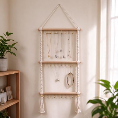 Boho Hanging Jewelry Organizer&30 Hooks, Necklace Holder, Handmade Woven - image 1