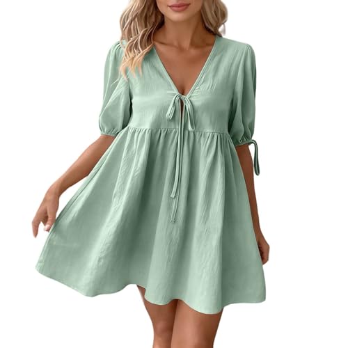 BIBOKAOKE Vestido de mujer con cuello en V profundo y lazo - Vestido largo acampanado con mangas abullonadas | Elegante vestido de verano para vacaciones y salidas, Estilo#c03 Verde, XXL