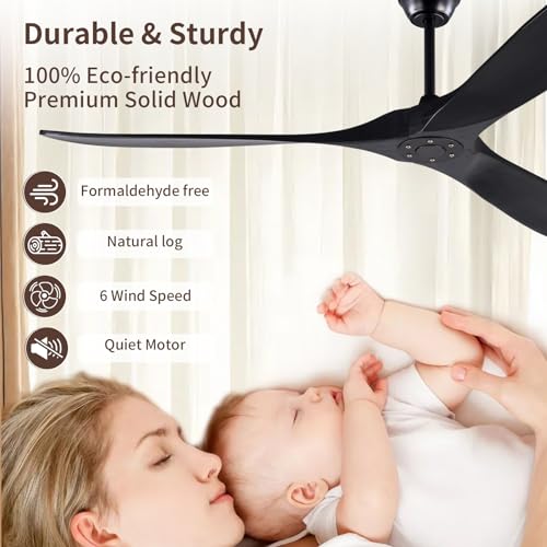 Black Modern 72 Inch Outdoor Ceiling Fan with Remote, Wood Large 3 Blade High CFM Wet Rated Ceiling Fans for Patios Porch Gazebo - Industrial Propeller Ceiling Fan for Indoor Living Room Bedroom
