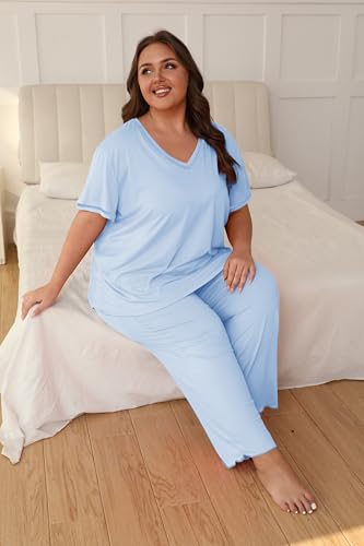 Image of Vozanet Women's Plus Size Pajama Sets Short Sleeve Long Pants Solid Color with Piping Trim Elegant Loungewear Cozy Sleepwear