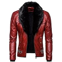 LSSM OtoñO E Invierno Moda Botones De Color SóLido Cremallera Costura Cuello De Piel Chaquetas De Cuero Para Hombres Acolchada Chaqueta De Hombres Cuero SintéTica Rojo Xxl