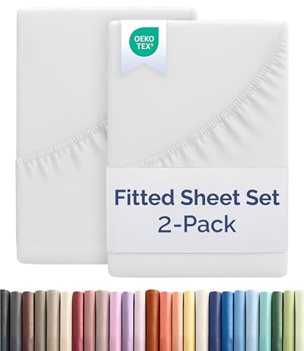 Full Size Fitted Bed Sheet - Pack of 2 Single Fitted Bottom Sheet Only - Fits Mattress Up to 16" Deep Pockets - Extra Soft, Breathable & Cooling - Hotel Quality, Fade, Shrink & Wrinkle Free - White