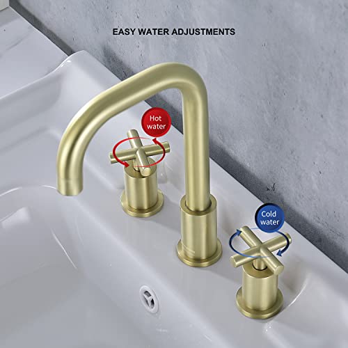 Kirlystone 3 Hole Bathroom Faucet Brushed Gold, Modern 8-Inch Satin Gold Widespread Brass Bathroom Sink Vanity Faucet With 2 Cross Handles #TOP3