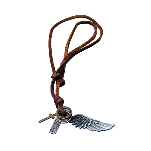 Hotportgift Unisex Charm Choker Angel Wing Feather Cross pendant Genuine leather necklace