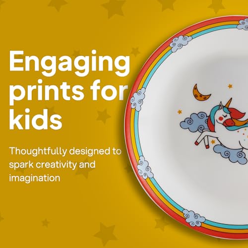 Image of CELLO Kidzbee Unicorn Design Set of 7 Pieces Opalware Kids Dinner Set, White | Food Grade Toughened OpalGlass, Microwave & Dishwasher Safe, Bone Ash Free, Stackble Bowls Mug & Plates Kids Dinner Set