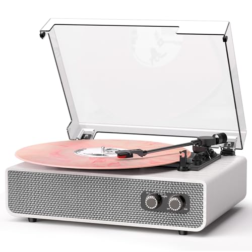 Vinyl Record Player with Upgraded Built-in Speakers 3-Speed Belt-Driven Bluetooth Turntable for Vinyl Records White Wood Grain Vintage Phonograph with RCA Out & AUX in Auto Stop MDF Cabinet