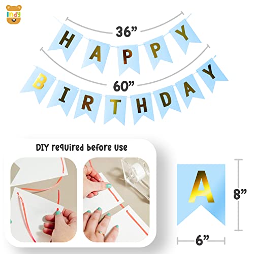 Image of Just Party Set of 64 Pcs - Light Blue Cardboard Happy Birthday 13 Letters Banner String , Gold Star, Gold Heart , Gold Metallic Balloon , Blue And White Pastle Balloons Theme Backdrop