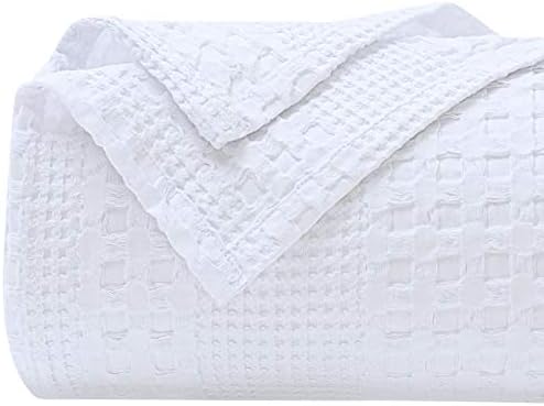 PHF 100% Cotton Waffle Weave Blanket King Size - Washed Soft Lightweight Blanket for All Season - Breathable and Skin-Friendly Blanket for Couch Bed Sofa 108"x90" - White