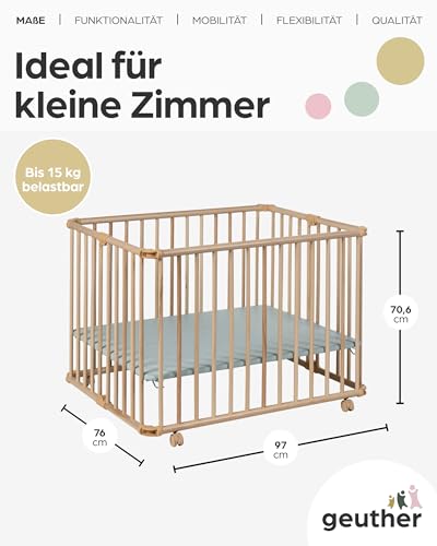 Geuther Laufgitter Lucilee 76x97 cm I höhenverstellbar I werkzeuglos montiert I gepolsteter Baby-Laufstall aus Holz I Natur I Mobil, klappbar I TÜV geprüft I zusammenfaltbar I Made in Germany