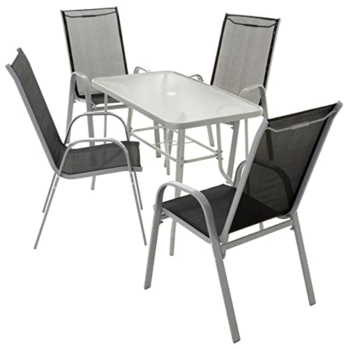 Nexos 5-teiliges Gartenmöbel-Set aus 4 Stapelstühlen & Esstisch – Textilene schwarz/Rahmen grau