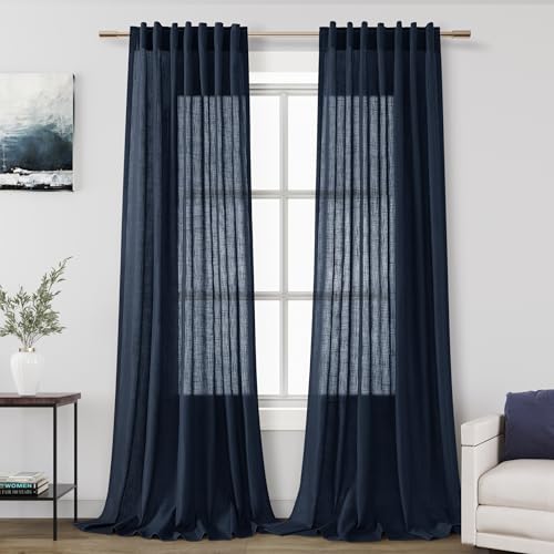 Image of Nanspring Navy Blue Linen Curtains for Living Room 2 Panels Set Extra Long Back Tab Light Filtering Semi Sheer Curtain Drapes for Bedroom Neutral Farmhouse Ceiling to Floor for Large Window 52x100