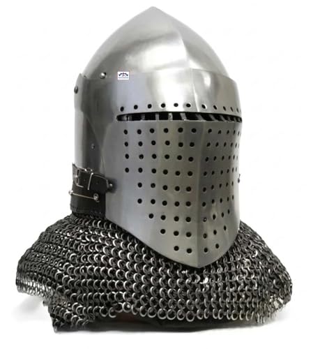 NAVCRAFTS Medieval Bascinet Helmet with Klappvisier and Chainmail Aventail - 18 Gauge Steel Knight Armor - Reenactment, SCA, and Combat Gear - Functional XIV Century Great Bascinet For Halloween
