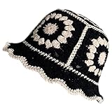 Sonnenmütze Kinder Damen-Fischerhut im Farbblockdesign, gestrickt, Retro, hohl, atmungsaktiv, für den Alltag (3) Fischerhut 52 (Black, One Size)