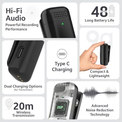 Image of UTECTION by VOOK Wireless Mic with Noise Cancellation - Clip-On Collar Mic for iPhone & Android | 48H Battery, 20m Range, Type-C Charging | Mic Wireless for YouTube, Vlogging & Video Recording